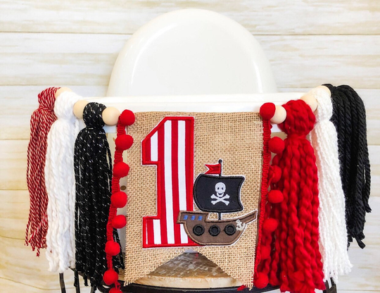 Pirate Birthday High Chair Yarn Tassel Banner, Cake Smash Backdrop First