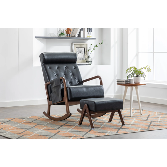 Leather Rocking Chair With Ottoman, Mid-Century Modern Upholstered Rocking Armchair, High Backrest Accent Glider Rocker Chair