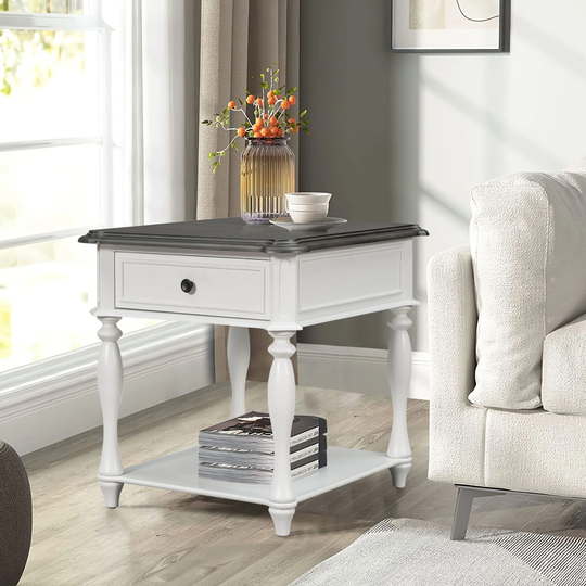 2-tiers Storage Shelf Sofa Table Classical Rectangle Coffee Table Drawer with Metal Handle End Table for Living Room,Bedroom