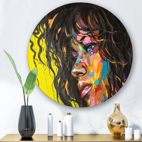 Designart 'Colorful Fantasy Portrait Of A Young Woman I' Modern Metal Circle Wall Art