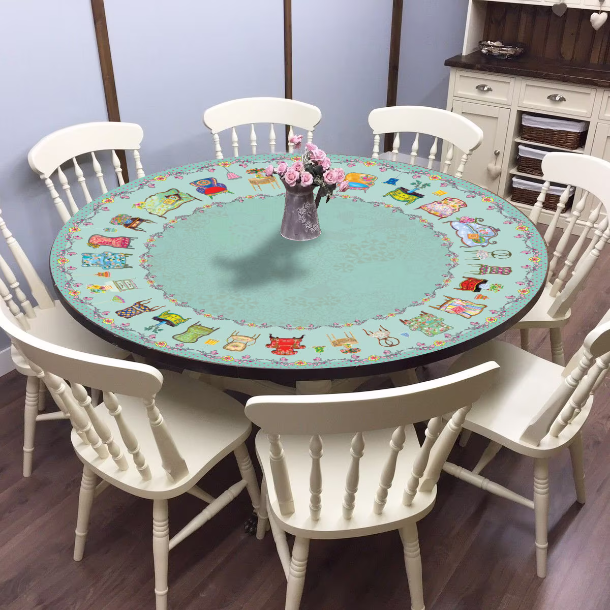 Round Vintage Chairs Vinyl Table Cover, Turquoise Unique Pvc Decorative Big Placemat