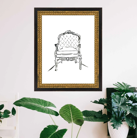 Vintage Chair Watercolor Print, Sketch Art, Black & White Art Linework Minimalist