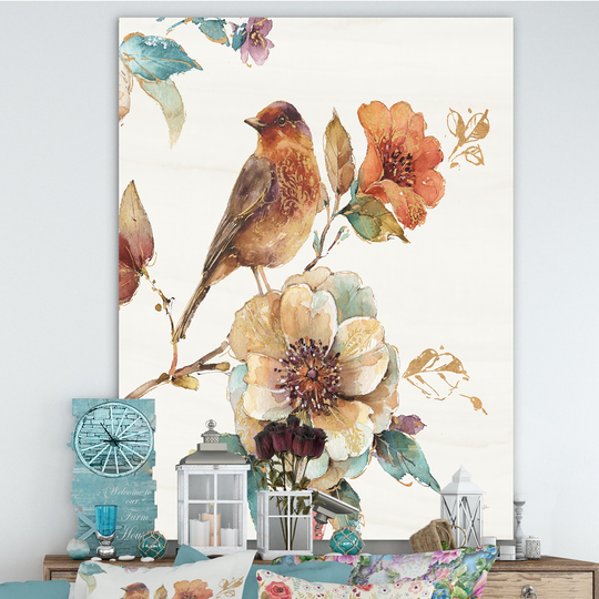 Designart 'Farmhouse Bird on Flower Branch' Premium Canvas Wall Art - Multi-color