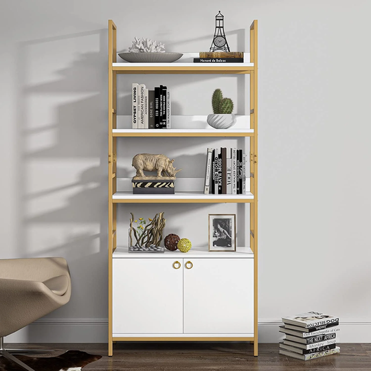 4 Tier bookcase with door white Etagere standard bookcase with cabinet