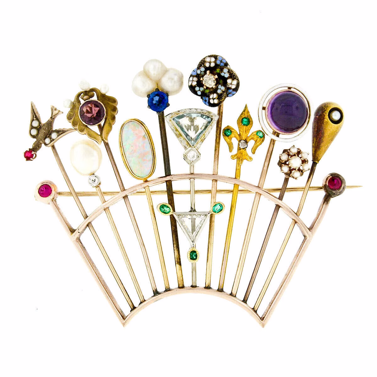 Antique Victorian Custom 14K Tri Color Gold & Silver 11 Stick Pin Multi Gemstone Pearl Tiara Crown Brooch in Excellent Condition