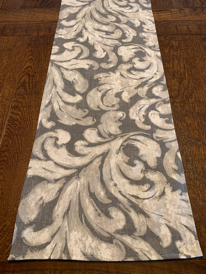 New Gray Scroll Cotton Linen Table Runner, Various Lengths
