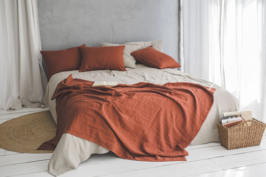 Burnt Orange Linen Sofa Cover, Natural Throw Blanket, Heavyweight Bed Handmade Throw, Softened Blanket