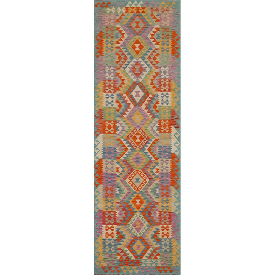 Colorful Kilim Geometric Runner Rug Hand-woven Wool Carpet - 2'8"x 10'0"