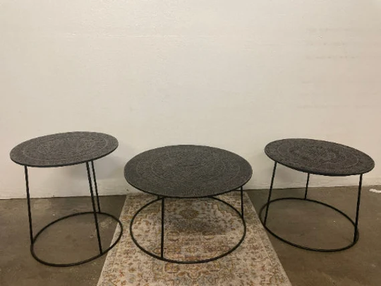 Alin Side Tables Carving Dark Brown Set Of 3 | Small, Medium, & Large