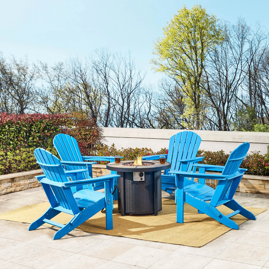 Elm Plus 5 Piece Slates Top 30000 BTU Aluminum Propane Fire Pit HDPE Folding Adirondack Chairs Set
