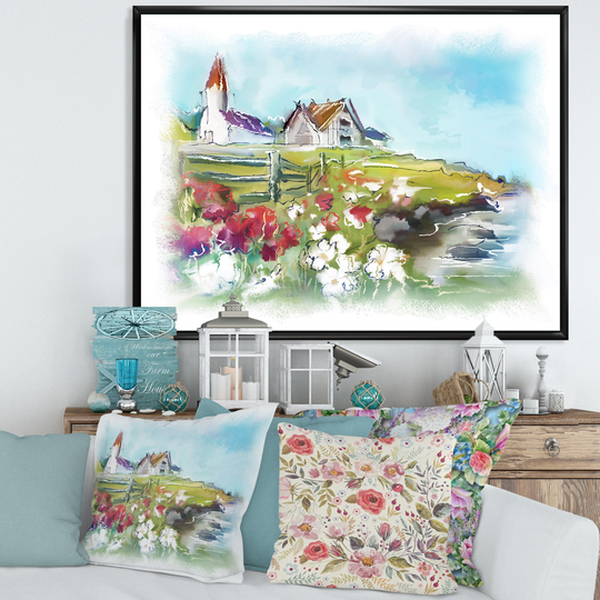 Designart 'White Buildings On Colorful Green Meadow' Country Framed Canvas Wall Art Print