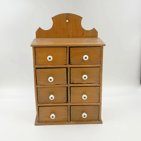 Antique 8 Drawer Spice Cabinet With Dovetail Drawers & Porcelain Pulls