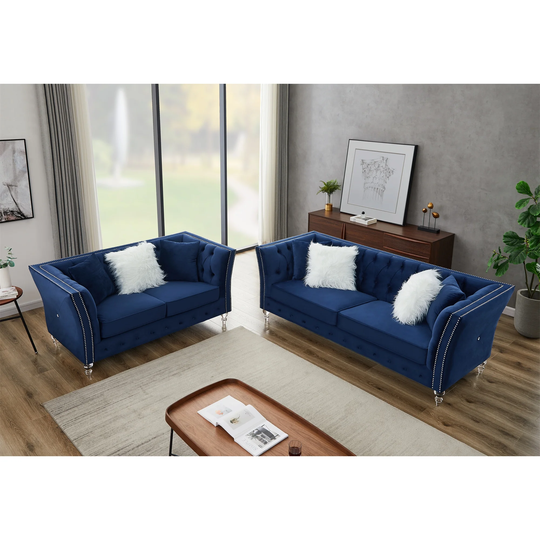 Velvet Sofa Set with Loveseat & 3-seat Sofa Couch for Living Room Navy