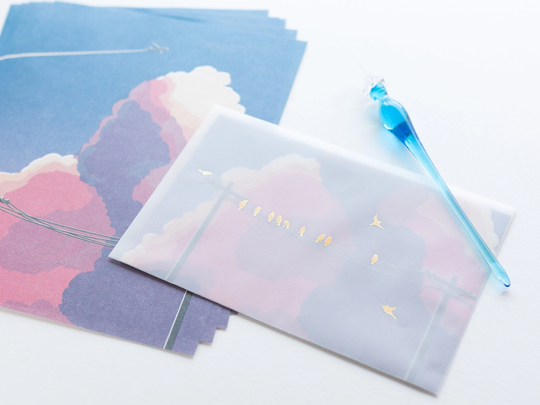 Translucent Scenery Letter Writing Set -Sunset & Birds - By Tsutsumu Company Limited/Tracing Paper Envelope /Made in Japan