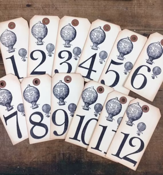 Table Numbers Manila Tag Hot Air Balloons Vintage Inspired Wedding Handmade Steampunk Eclectic Price Per Card