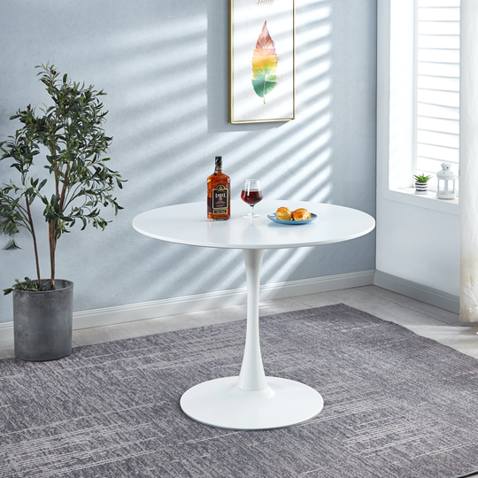 Modern White Round Dining Table, Solid Metal Base Coffee Table