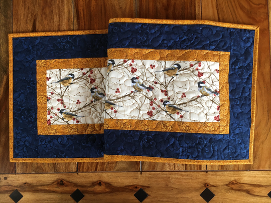 Mountain Chickadees Quilted Dining Table Runner, 13x48 Reversible, Birds Branches Berries Coffee End Tahoe Cabin Everyday Nature Woods