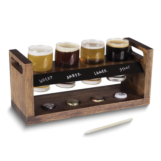 Curata Craft Beer Taster Flight Four 4 Ounce Glasses Chalkboard Panel Soapstone Pencil Cap Holder Acacia Wood Tray