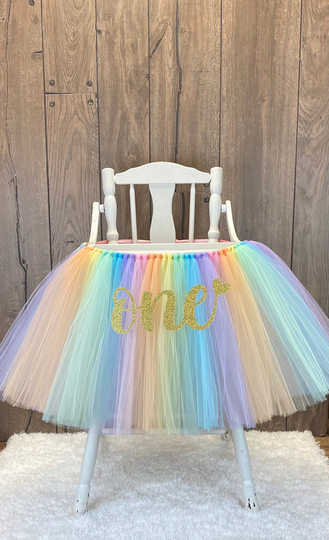 Pastel Rainbow High Chair Tutu, Highchair Skirt, Girls Unicorn First Birthday Smash Cake Photo Shoot Banner