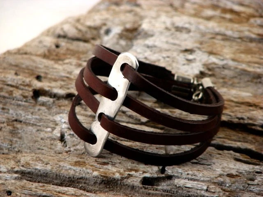 Women Bracelet, Gift For Women, Leather Handmade Multi Strap Brown Leather Hammered Metal Work, Wife
