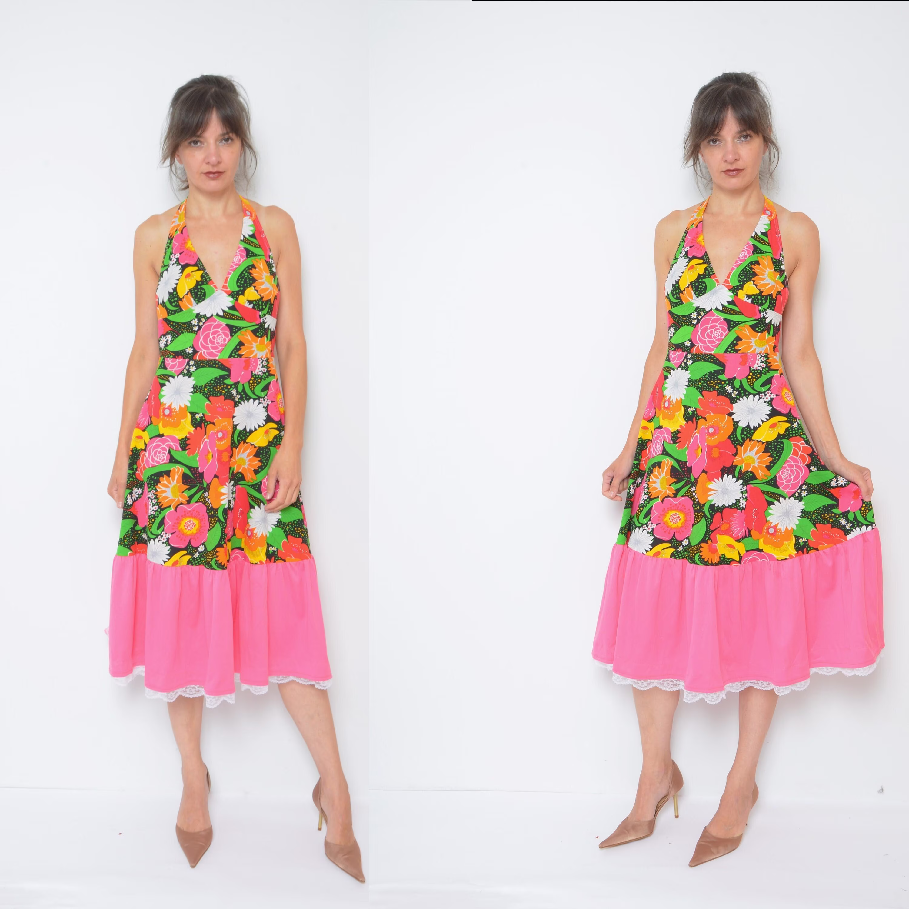 Halter Floral Dress/Vintage 70S Colorful Backless Sleeveless Flower Print Ruffled Long Sundress - Size Medium