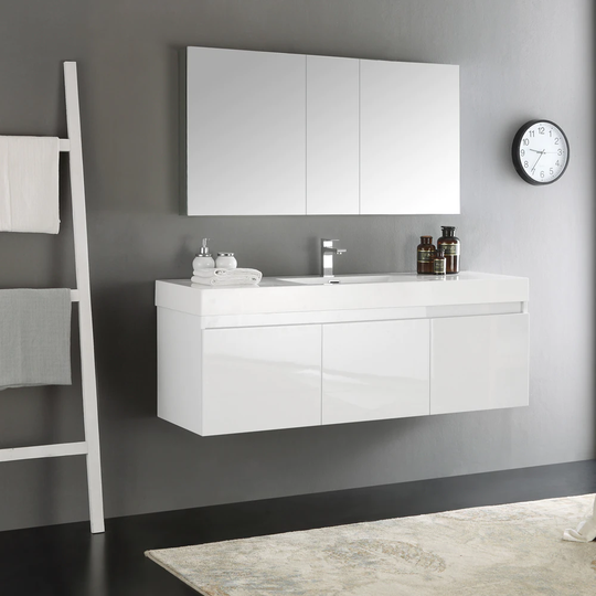 Fresca Mezzo White 60-inch Wall Hung Single Sink Modern Bathroom Vanity with Medicine Cabinet