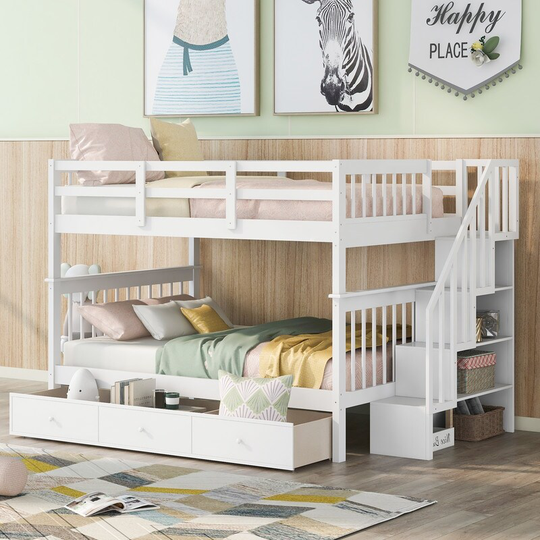 Full-Over-Full Wood Bunk Bed with Drawer,Storage and Guard Rail-White