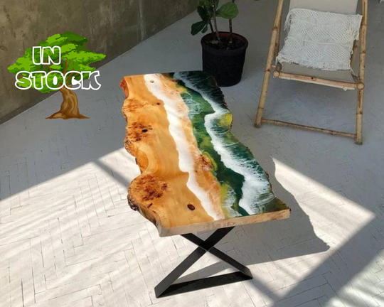 Epoxy Resin Ocean Table, Coffee Dining Live Edge Custom Wood River Table