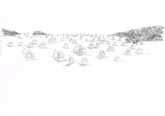Vintage Original 1980S Small A4 Pencil Sea Landscape With Boats By Illustrator Salim Patel