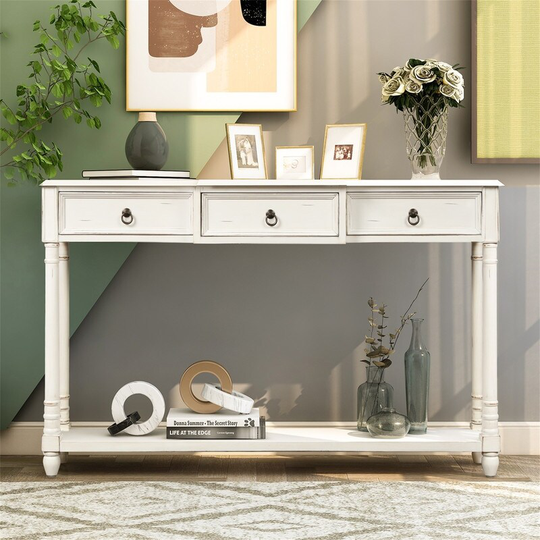 Console Table w/ Projecting Drawers and Long Shelf for Entryway,White