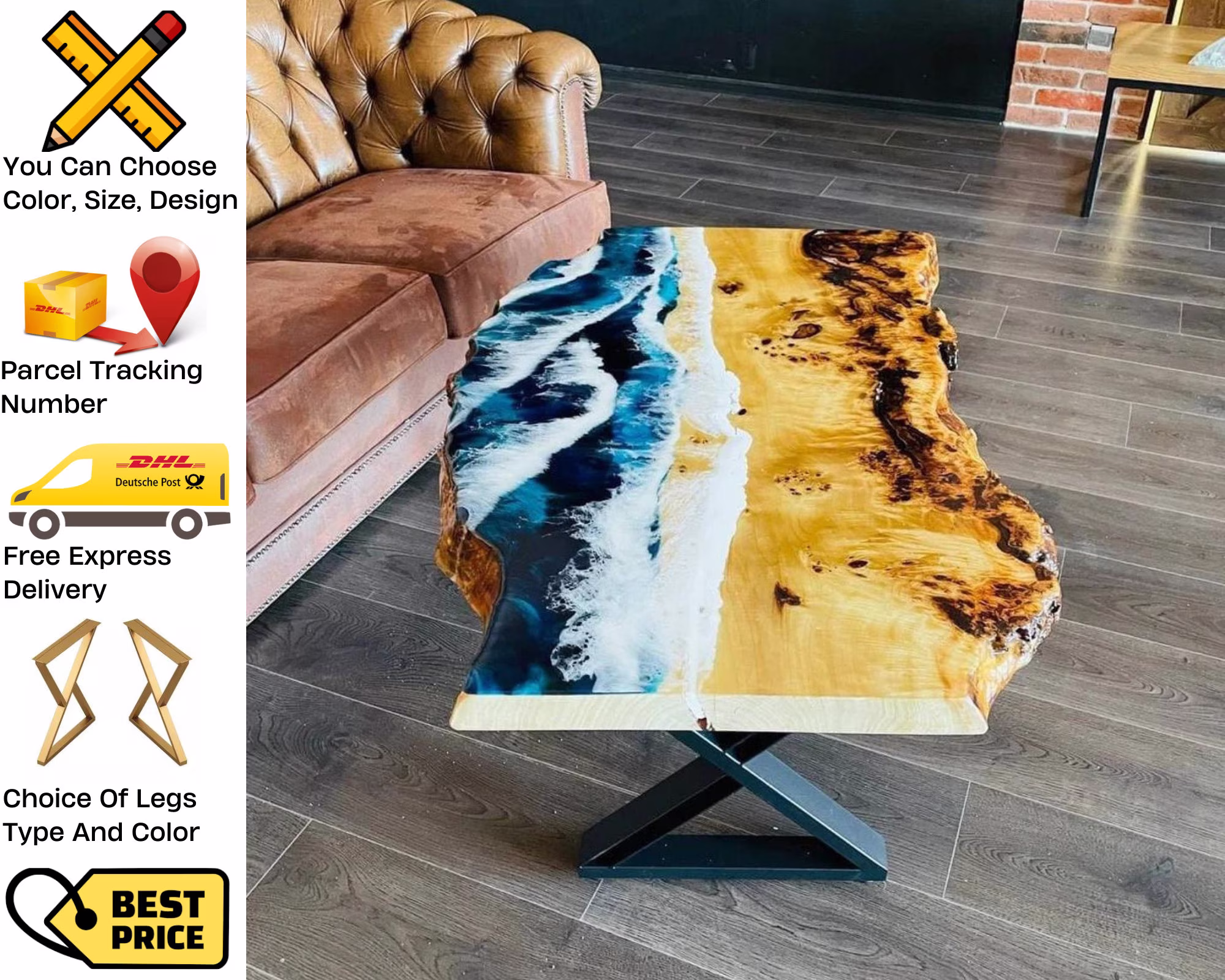 Epoxy Wood Coffee Table, Custom Ocean Waterfall Modern Farmhouse Table With Metal Legs
