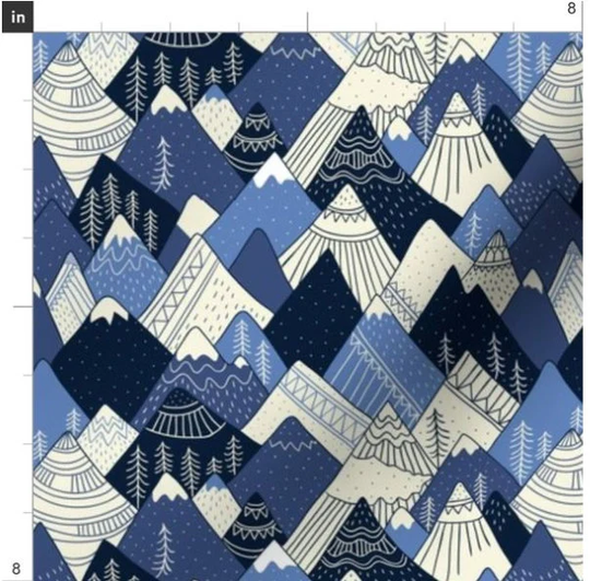 Blue Scandinavian Mountains Fabric By The Yard | Mountain Woodland Style Print To Order Organic
