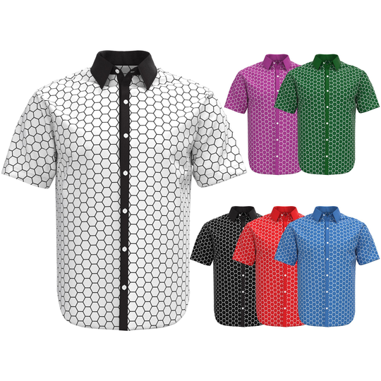 Hexagon Geometric Pattern Black Red Blue Purple White Psychedelic Short Sleeve Button Shirt