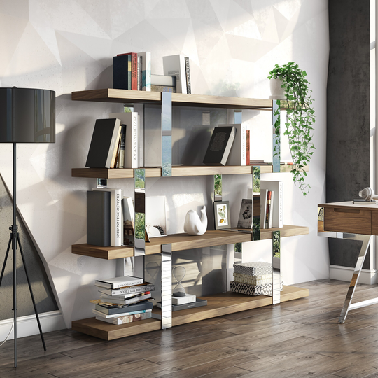 Modrest Brewer Modern Walnut Glass & Stainless Steel Bookshelf