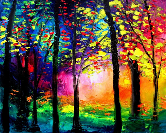 Landscape Art - Colorful Trees Print Art Giclee Reproduction By Aja Autumn Eve 16x20 Inches