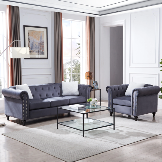 2 Piece Velvet Living Room Sofa Set with 3 Villose Pillow, 3-Seat Sofa & Sofa Chair with Button & Copper Nail on Arms & Back