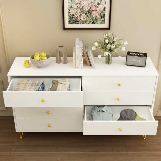 Kerrogee 55-inch 8 Drawers White Floor Double Dresser w/ Metal Feet
