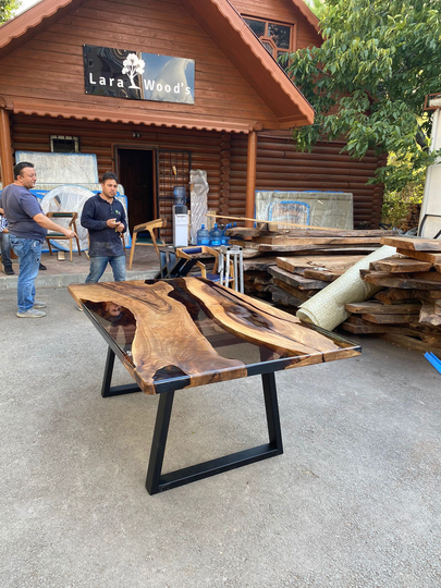 Live Edge Table, Clear Epoxy Custom 75" X 42" Walnut Smokey Gray River Resin Order For Angela E