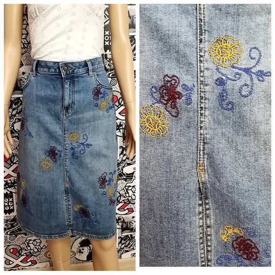 Embroidered Skirt Denim Womens Midi Embroidery Vintage Pocket Pencil Skirt Jeans Xl