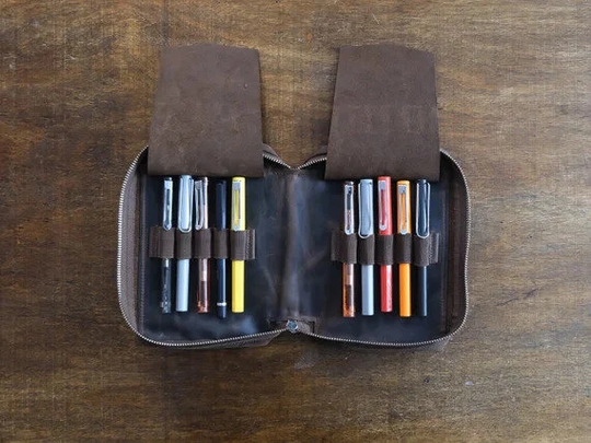 Genuine Leather Handmade 10-Slot Pen Case, Zippered Pencil Pouch, Fountain Chestnut