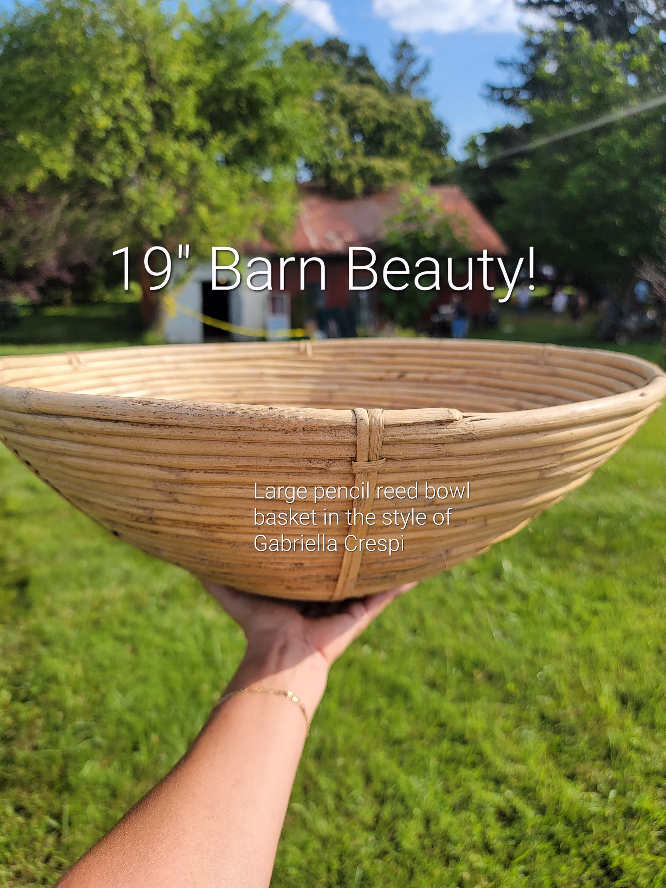 Large 19" Coiled Pencil Reed Bowl Basket in The Style Of Gabriella Crespi, 1970's Mid Century Tiki Home Decor/Vintage Round Wall