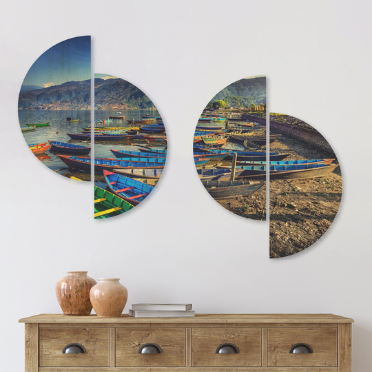 Designart 'Colorful Boats in Pokhara Lake' Boat Wood Wall Art Set of 4 Half Circles - Multi-Color