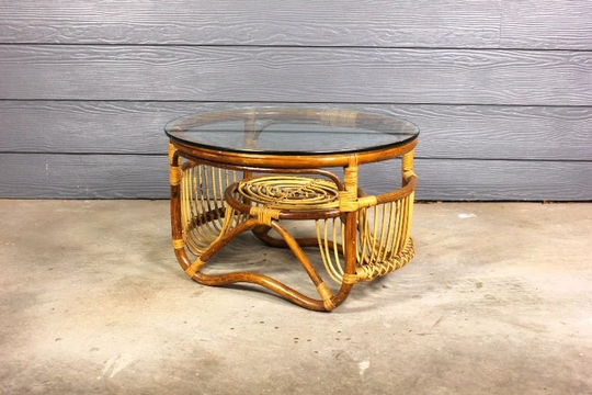 Vintage Rattan Glass Coffee Table Bamboo 60's 70's Mid Century Retro Cane Beach Boho Bohemian Cottage Chic