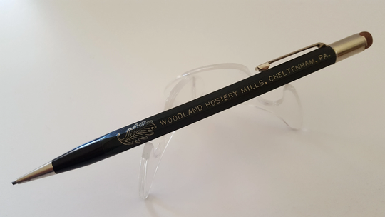 Vintage Circa Late 1940's Autopoint Mechanical Pencil Advertising For Woodland Hosiery Mills Cheltenham, Pa Working Condition