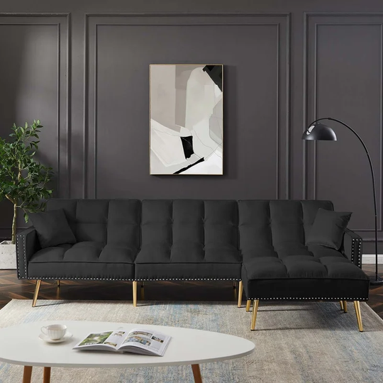 EYIW Modern Velvet Upholstered Reversible Sectional Sofa Bed, L-Shaped Couch with Movable Ottoman for Living Room