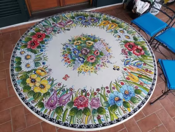 Italian Volcanic Flower Outdoor Table With Iron Base Lemon Decor