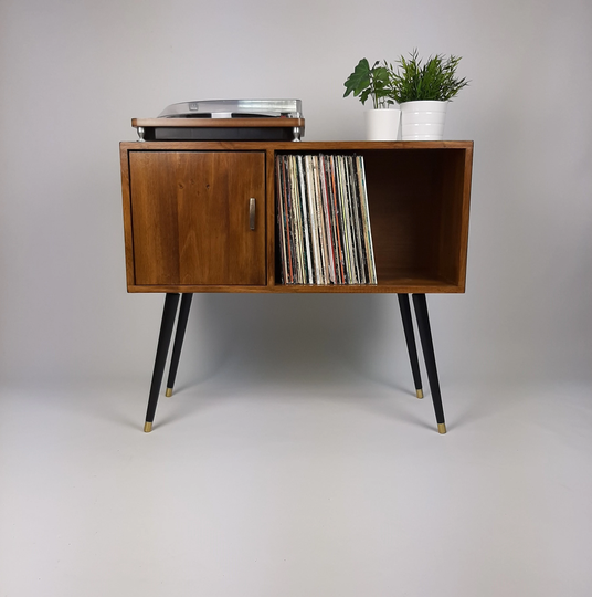 Walnut Sideboard | Black Dansette Legs Classic Brass Handle Midcentury Vinyl Record Storage