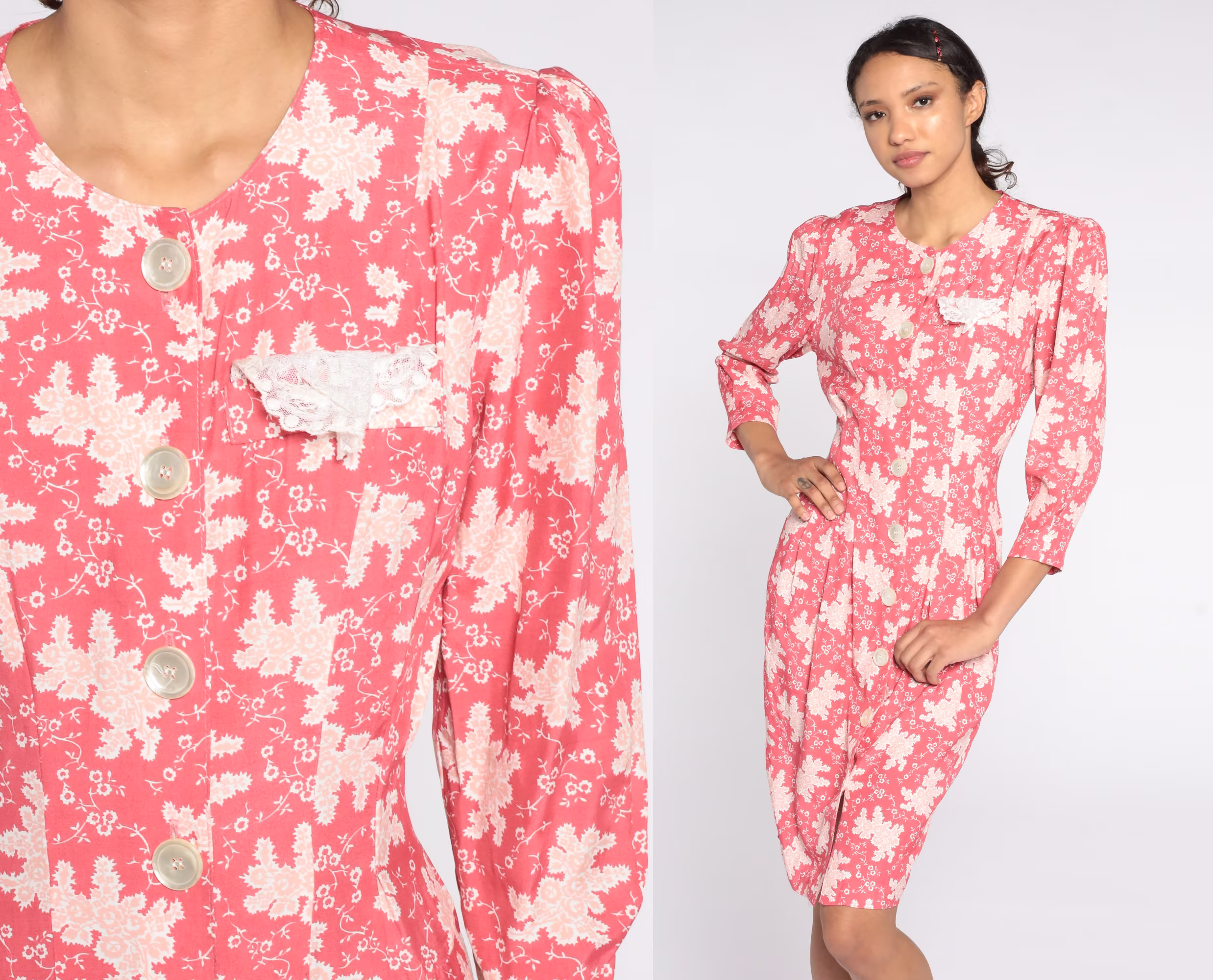80S Floral Dress Puff Sleeve Pink Sheath Mini Button Up 1980S Long Pencil Wiggle Vintage Shift Small S