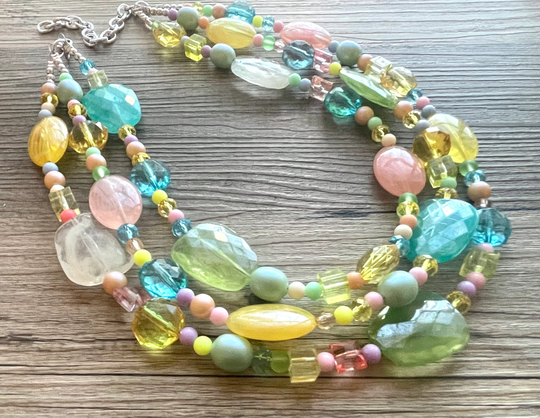 Spring Statement Necklace, Colorful Beaded Chunky Bib Necklace, Pastel Jewelry, Bridesmaid Necklace