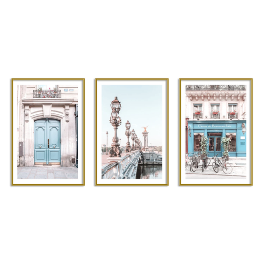 Paris 3 Piece Wall Art Colorful Gallery Set Blue Prints Artwork